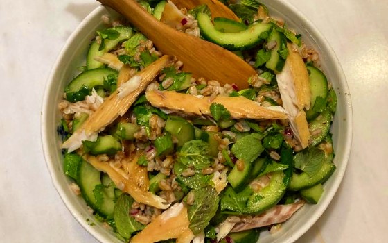 Sea Bass with Pickled Cucumber and Spelt Salad